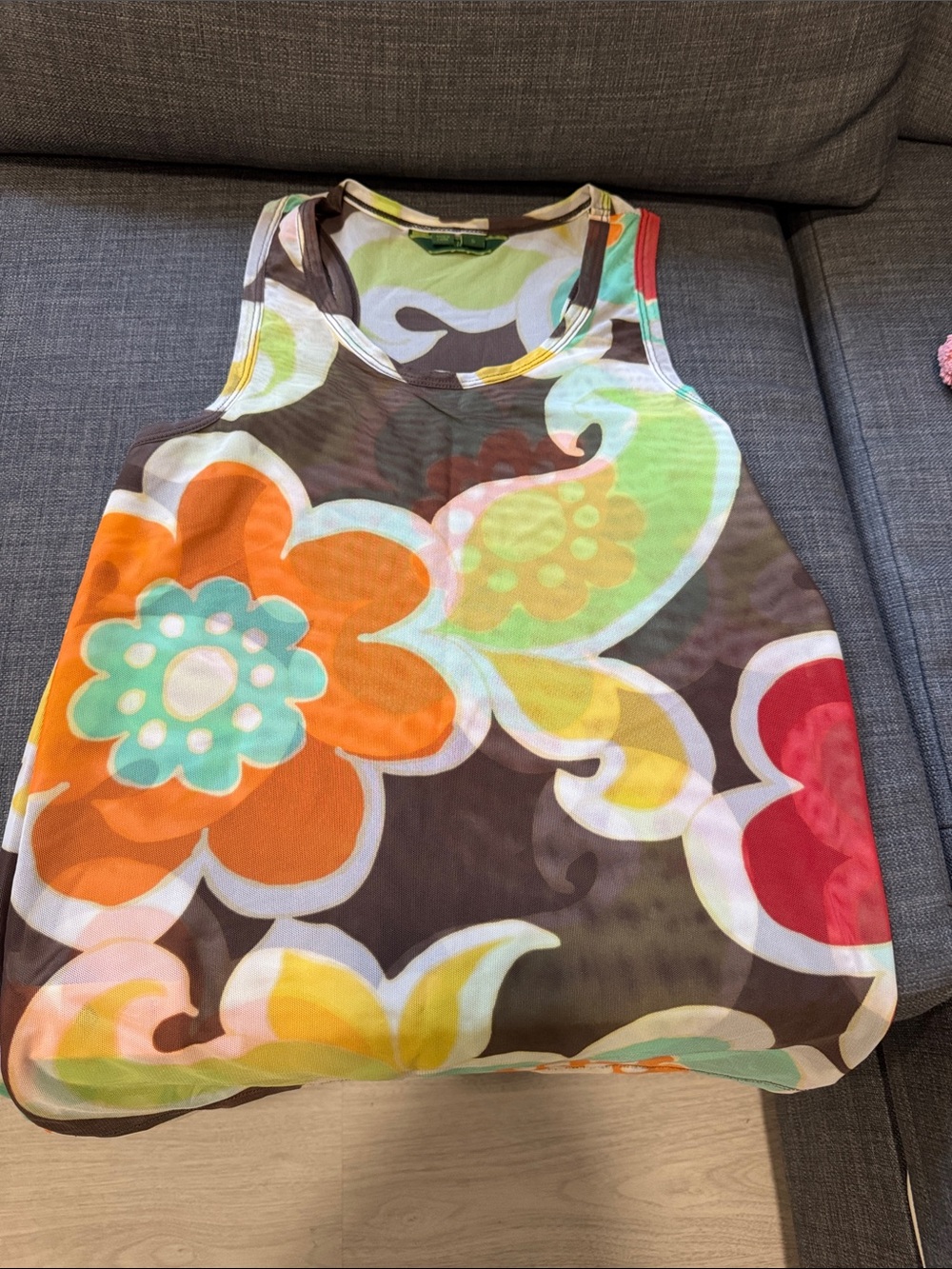 Oilily Multicolor Floral Sheer Tank Top - Orange, Green, Red, Brown